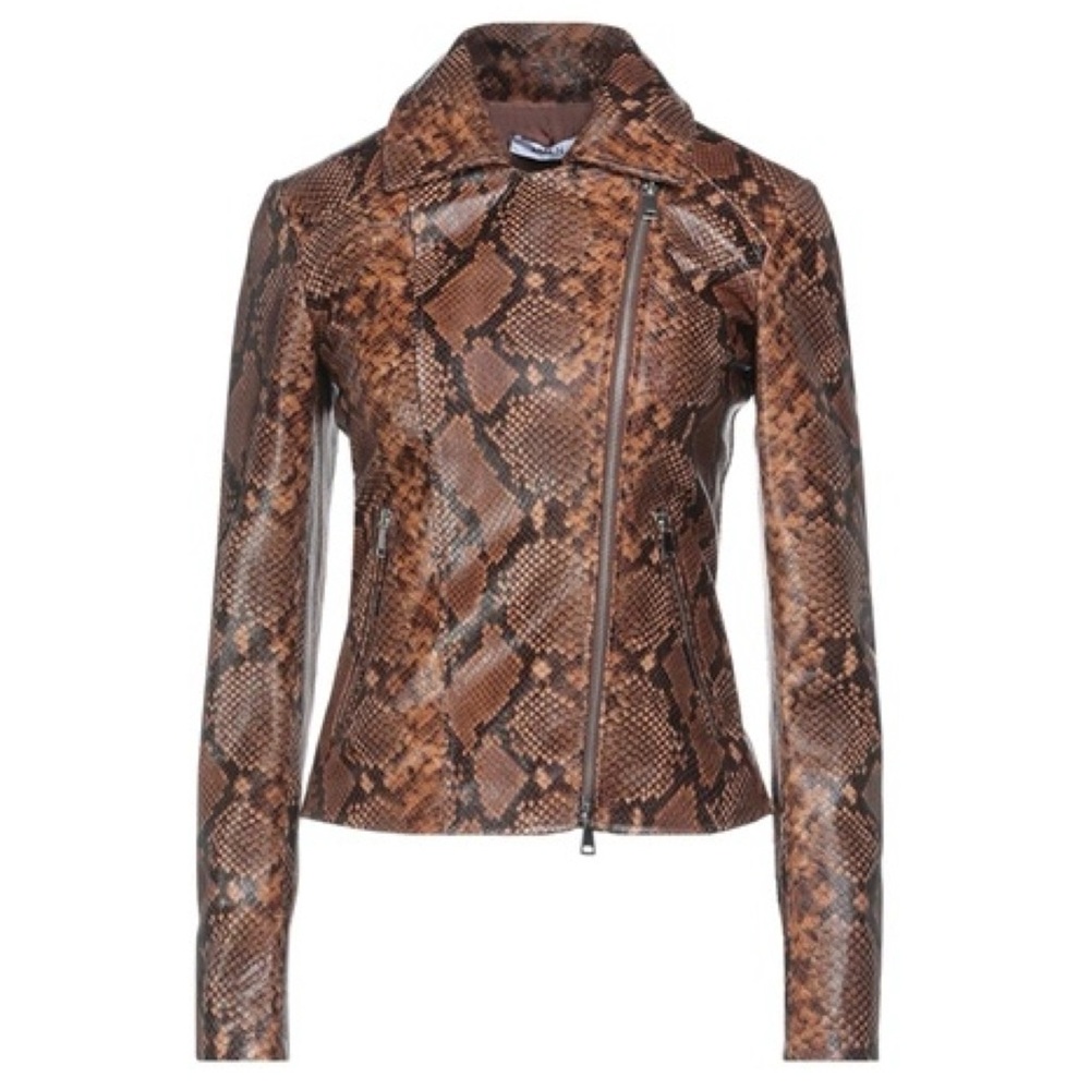 Amen Snakeskin Moto Sheepskin Leather Jacket Size XS NWT Brown Combo